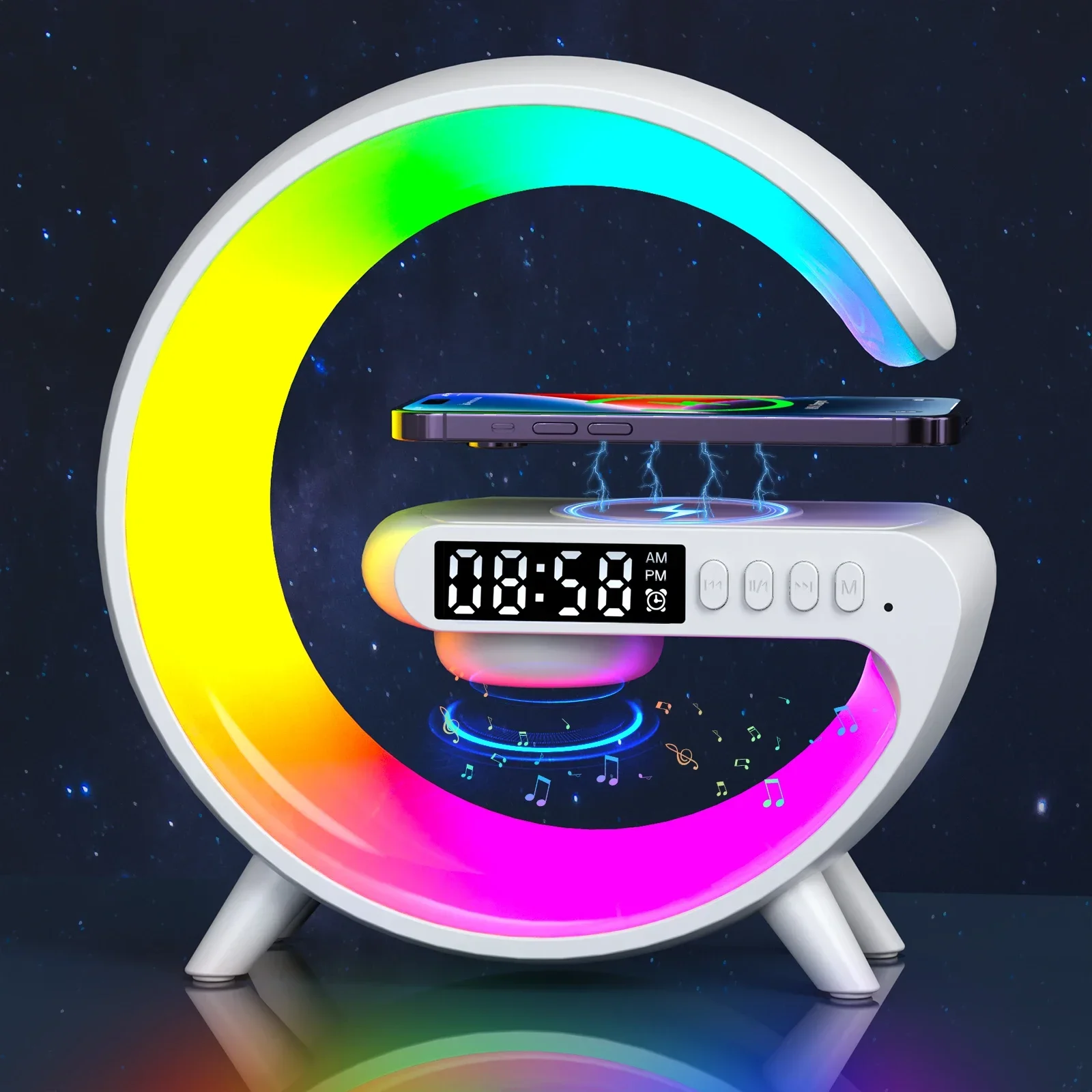 Universally Wireless Charging Station Multi Functional Speaker with RGB Night Light Alarm Clock For iPhone  Samsung Xiaomi