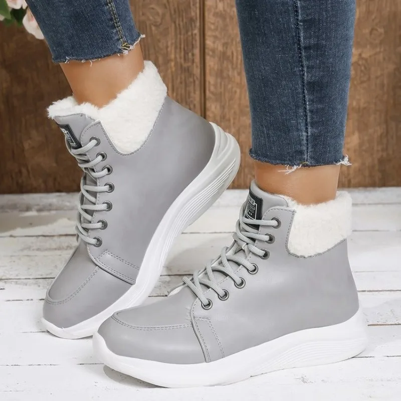 

Зимние теплые новые удобные однотонные полусапожки с высоким берцем, модная повседневная элегантная женская обувь на плоской подошве со шнуровкой и круглым носком