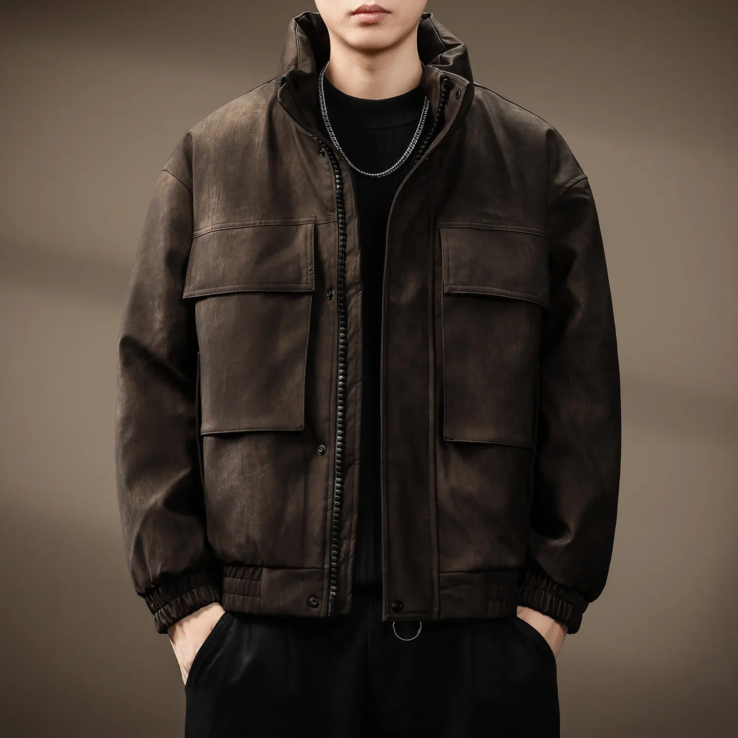 

High-End PU Leather Stand Collar down Jacket Men's Trendy Loose Winter Thick Warm Biker Style Leather Jacket Coat