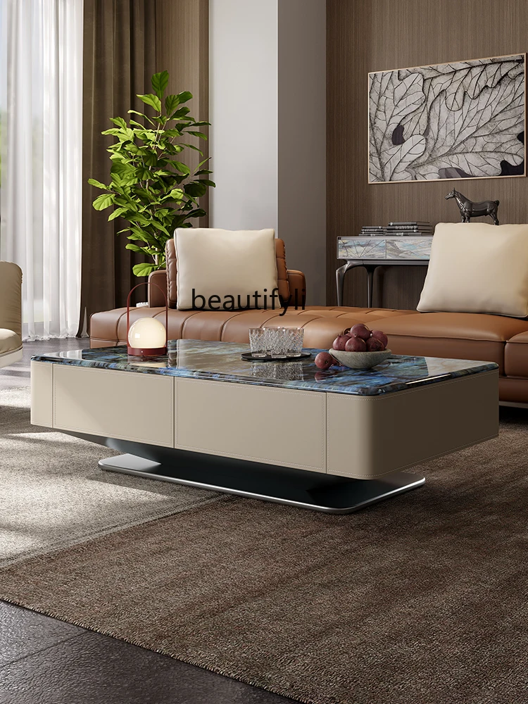 Natural Marble Coffee Table Stone Living Room Microlite Luxury Stone Light Luxury Stainless Steel Square Coffee Table