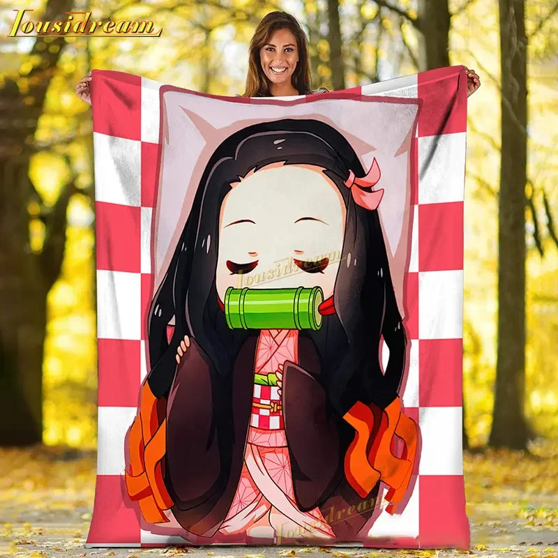 Kawaii Kamado Nezuko Flannel Blanket Demon Slayer Throw Blankets Comic Cartoon Sofa Cover Leisure Blankets Office Napping