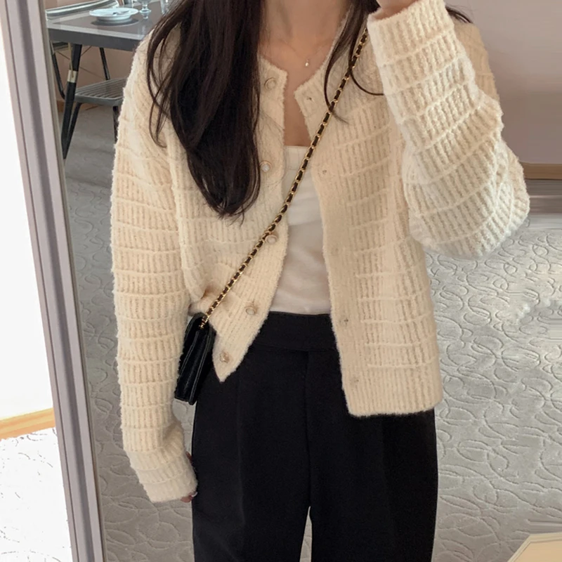 

Fashion Long Sleeve Knitted Cardigan Jacket for Women Spring Autumn Elegant Korean O Neck Casual Sweater Loose Retro Short Coats