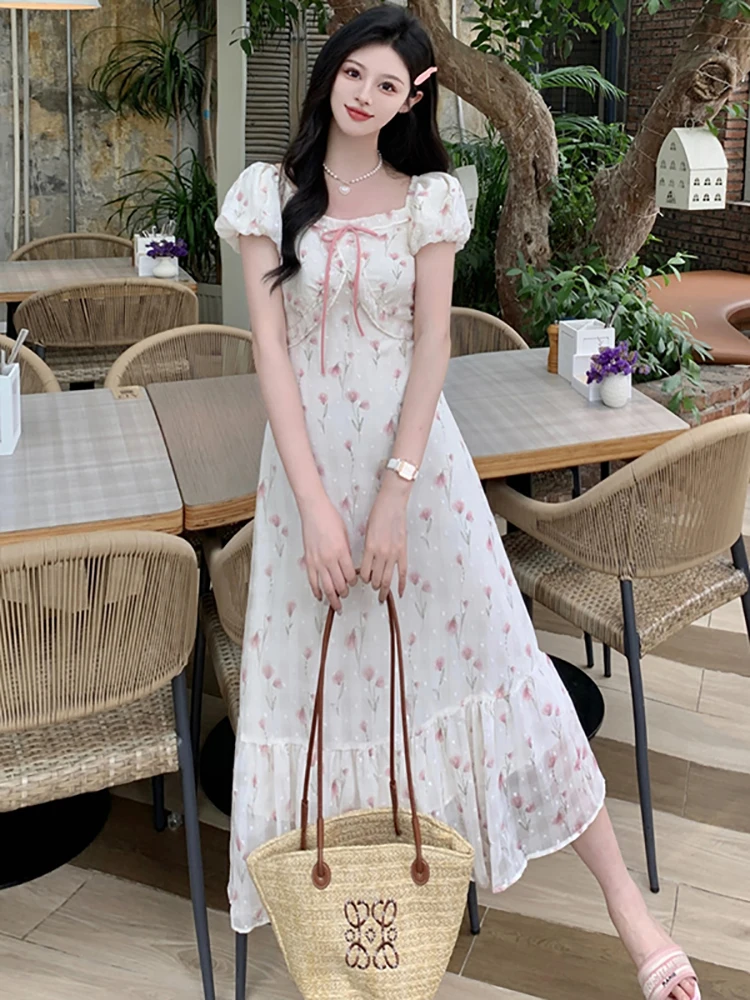 2025 Boho Floral Puff Sleeve Bow Square Collar Dress Women Elegant Casual Ruffled Beach Dress Summer Korean Bodycon Party Dress