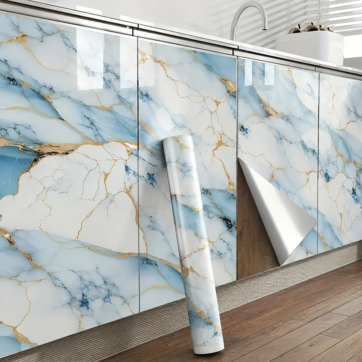 Kitchen Stove Oil Proof PVC Sticker Blue Marble Vein Peel&Stick Wallpaper Waterproof For Cabinet Table Furniture Refinishing.