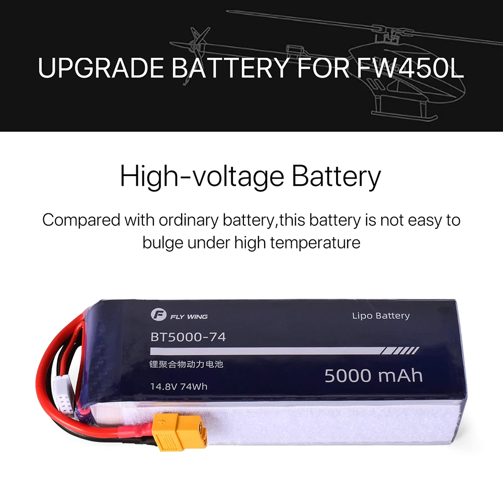 Fly Wing FW450L 5000mAh 4S Lipo Battery ACE Tattu 14.8V 35C Upgrade Battery with XT60 Plug For RC Helicopters  25min Flight Time