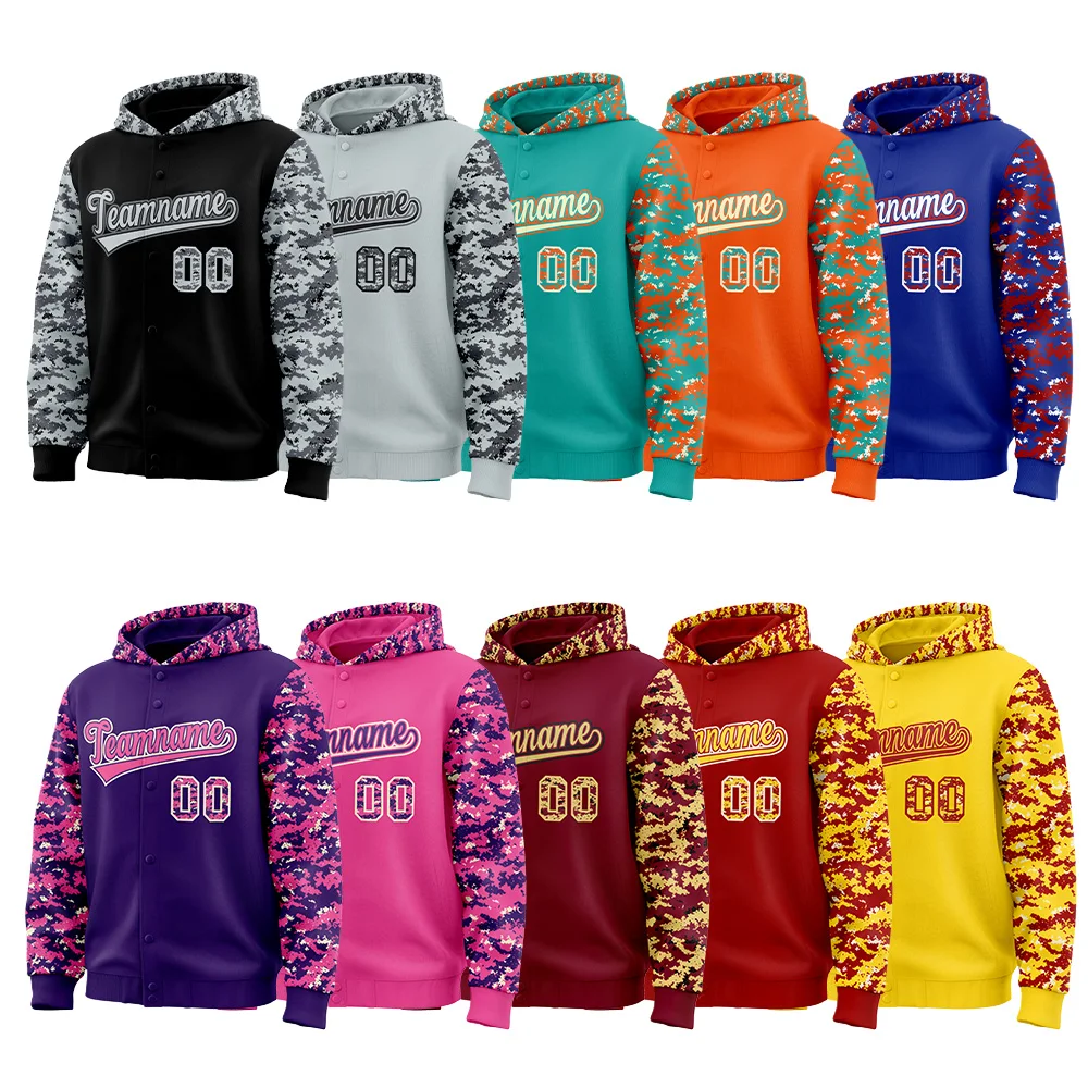 

Оптовая продажа OEM индивидуальные камуфляжные рукава хлопковые бейсбольные пальто с капюшоном на все пуговицы университетские куртки больших размеров для мужчин