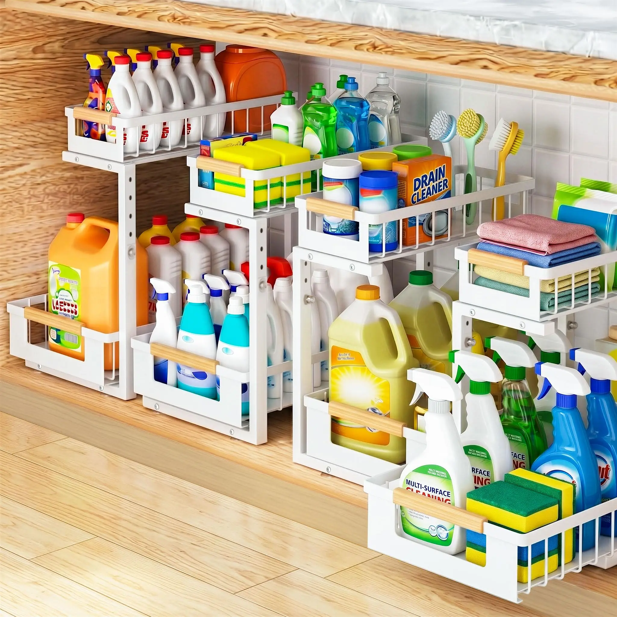 Under Sink Organizer, 2 Tier Pull Out Cabinet Organizer with 5 Adjustable Heights, Metal Under Sink Storage with