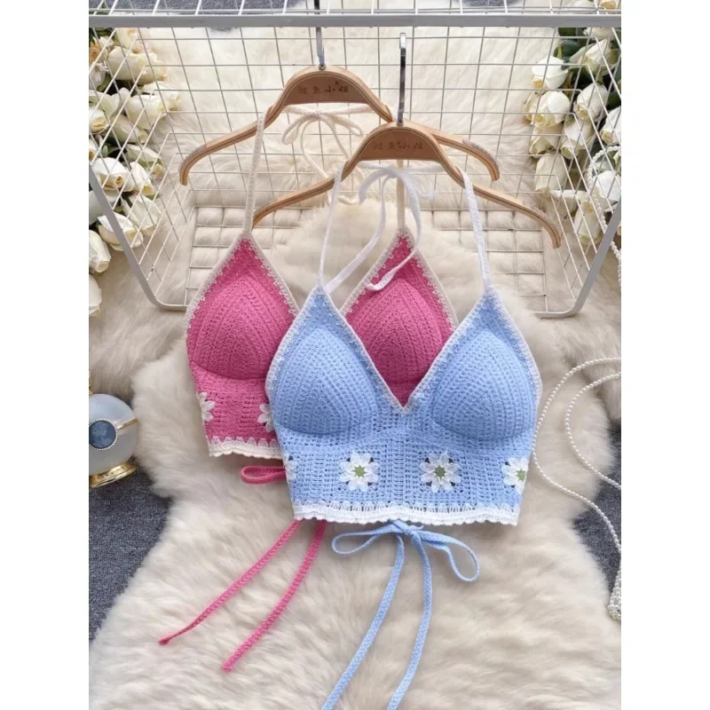 

Vacation Style Camis Vest Women Patchwork Sweet Hook Flower Sexy Backless Suspender Camisole Hanging Neck Outwear Crop Tops