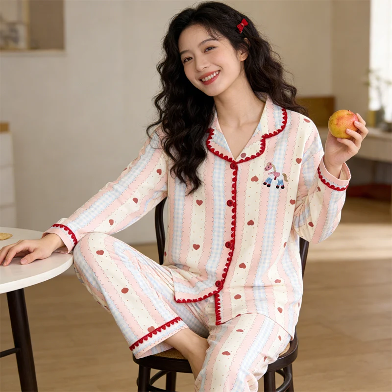 

Милый пижамный комплект с принтом лошади для женщин: весенний, из мягкой ткани, комфортный, в клетку, для дома, 2 предмета (топ с длинным рукавом и брюки), для сна