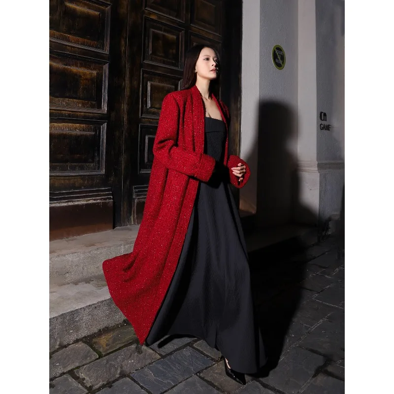 

High Quality Women's Red Small Fragrant Cardigan Long Coat Fashionable and Trendy Design New Chinese Style Unique Long Coat