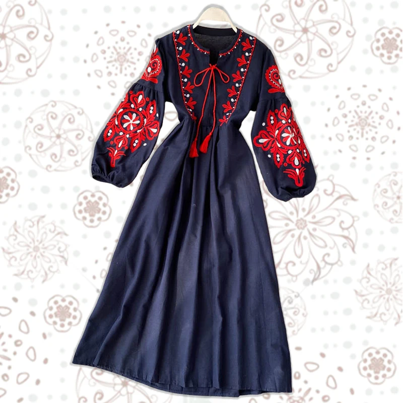 جديد الخريف الشتاء المرأة الرجعية العرقية فستان مطرز فانوس الأكمام البوهيمي فستان مناسبات المرأة طويلة الأكمام بلوزات بيضاء