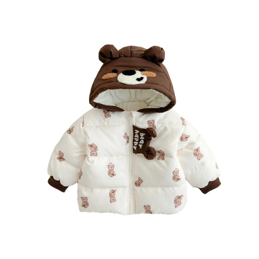 Winter Ins Infant Boys Parkas Cartoon Bear Hooded Warm Thick Baby Boys Coat Plus Velvet Cotton Quilted Toddler Boys Jacket