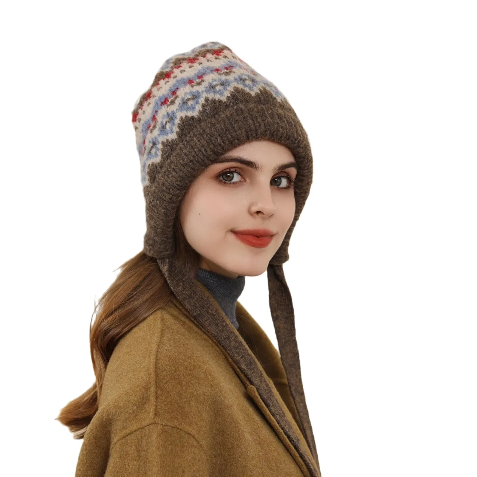 New Beanie Women Retro Classic Rhombus Plaid Knitted Ear Protect  Female Autumn Winter Warm Versatile Trendy Thick Wool Hat Girl