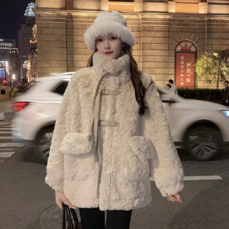 Rimocy Korean Style Lamb Wool Jackets Women 2024 New All-Match Loose Furry Coat Ladies Fashion Streetwear Pockets Plush Coats