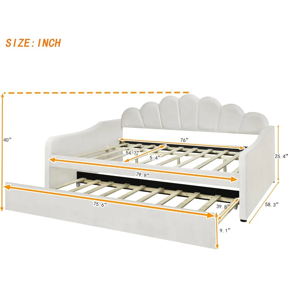 Full Upholstered Daybeds with Trundle, Shell Shaped Headboard, Velvet Fabric Daybed with Tufted Backrest, Modern Sofa Bed Daybed