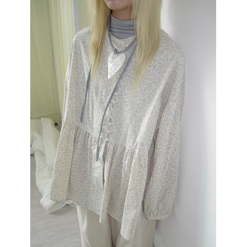 

Осенняя женская рубашка 2026 в корейском стиле с цветочным принтом, свободного кроя, с длинным рукавом, универсальный дышащий комфортный топ из полиэстера и хлопка