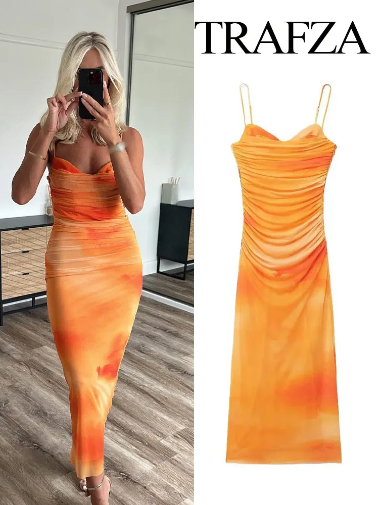 

TRAFZA Women Chic Gradient Tie-dye Sleeveless Dress Summer Woman Beach Style Backless Printed Draped Sexy Slim Dresses Traf