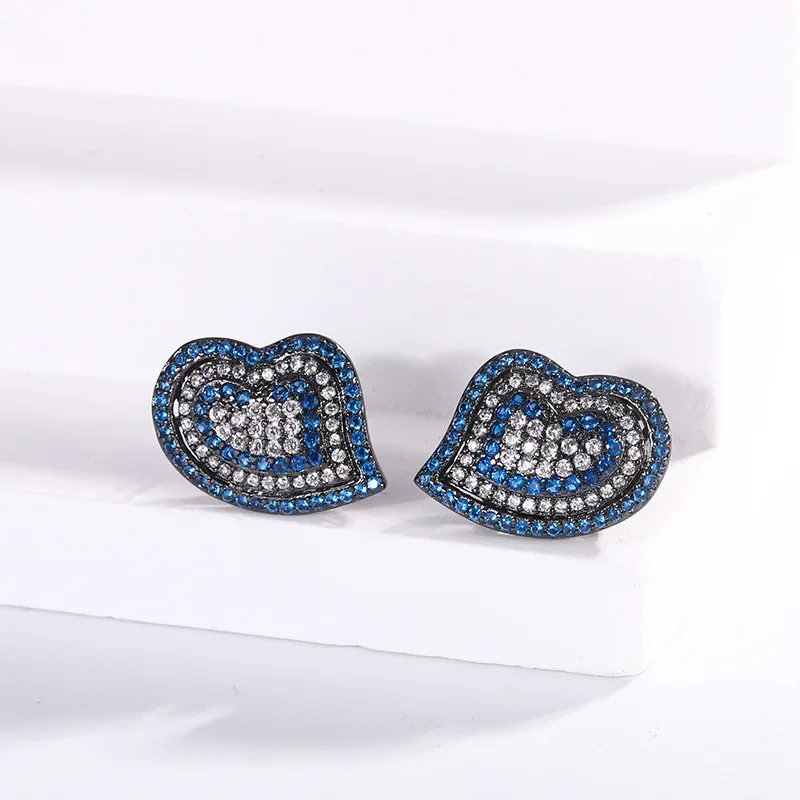 S925 Silver Plated 18K Gold Plated PT950 Platinum Blue Spindle Heart-shaped Full Diamond Black Gold Set Women's Jewelry