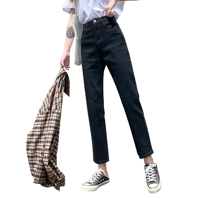 

Women Pants High Waist 2022 New Korean Fashion Cigarette Pipe Pants Elastic Thin Nine Points Straight Pants Jeans for Woman