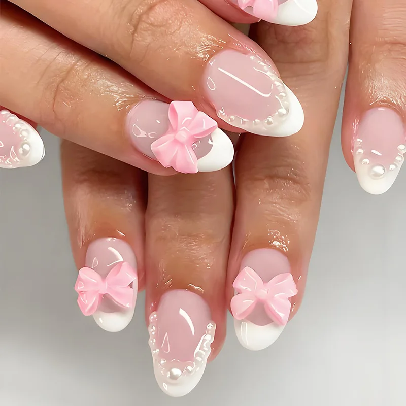 

24PCS Pink Bow Pearl Almond Nails French Sweet Press On Nails European American High End Removable Cross Border Fake Nails 네일팁