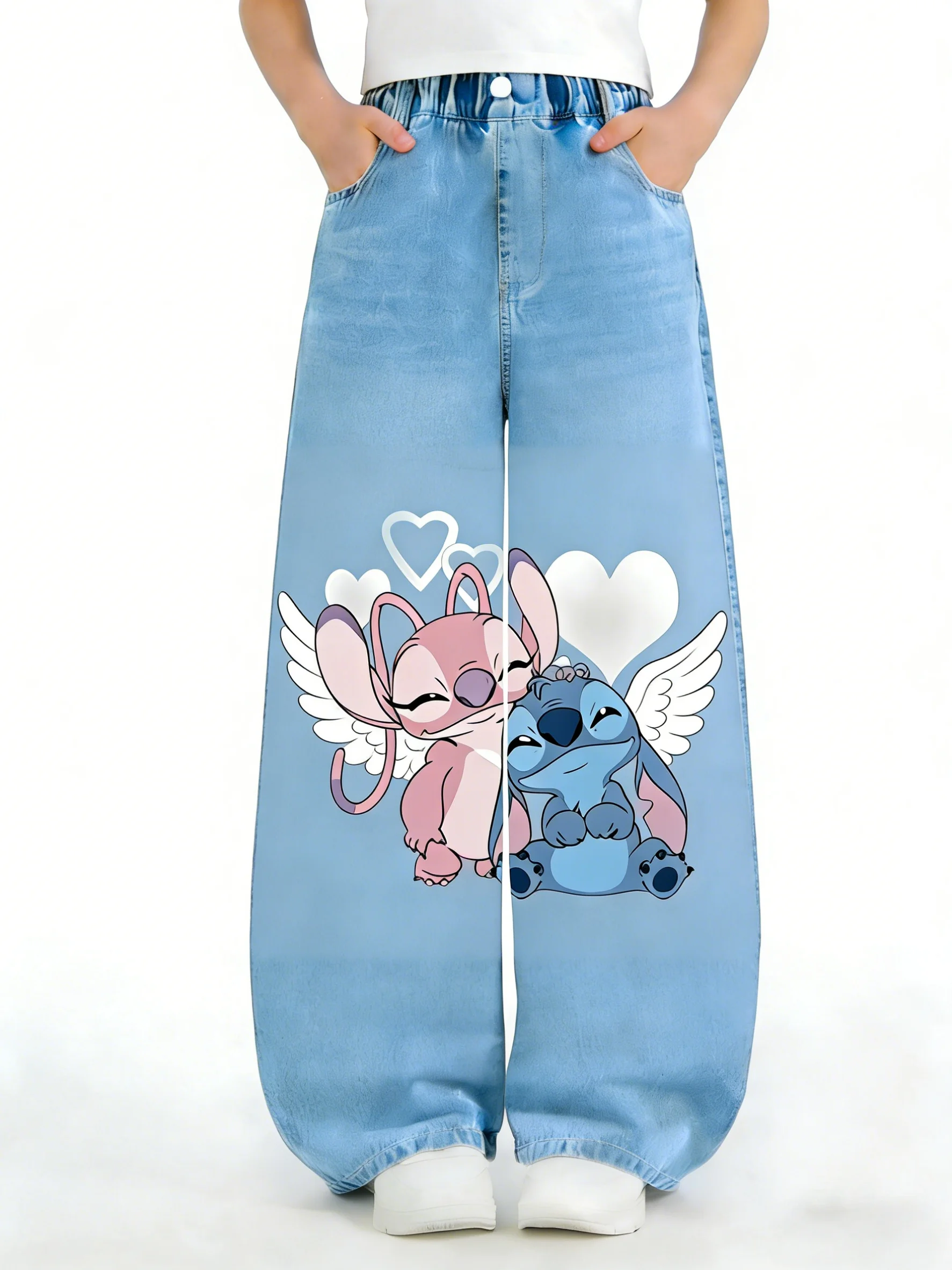 

Disney Stitch Girls' Versatile Cowboy Jeans Cartoon Stretch Straight Pants for Girls, Spring, and Winter Children's Denim