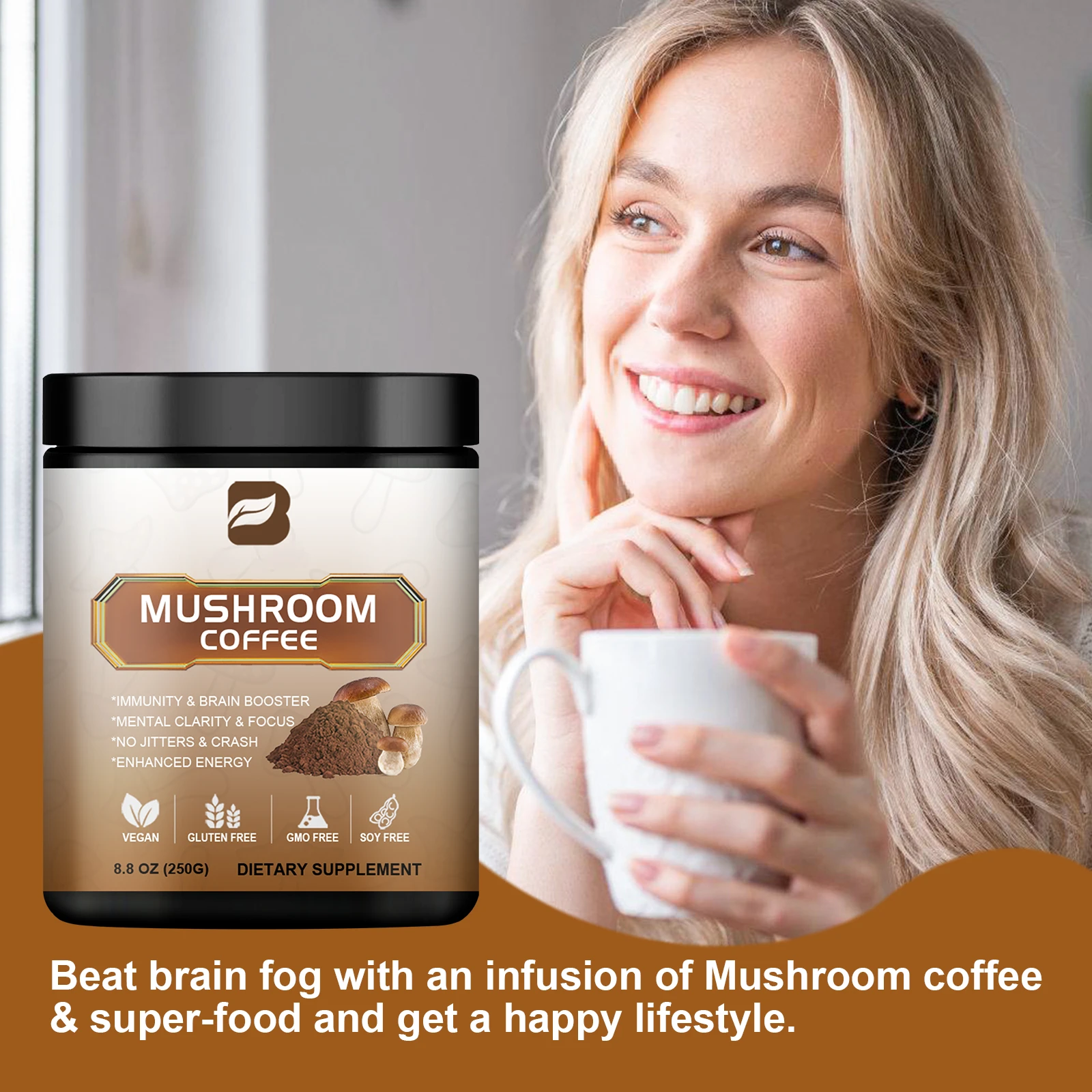 Lion\'s Mane Mushroom Coffee Supplement with Reishi,Cordyceps&Turkey Tail-Energy,Mental Clarity&Focus,Brain Booster