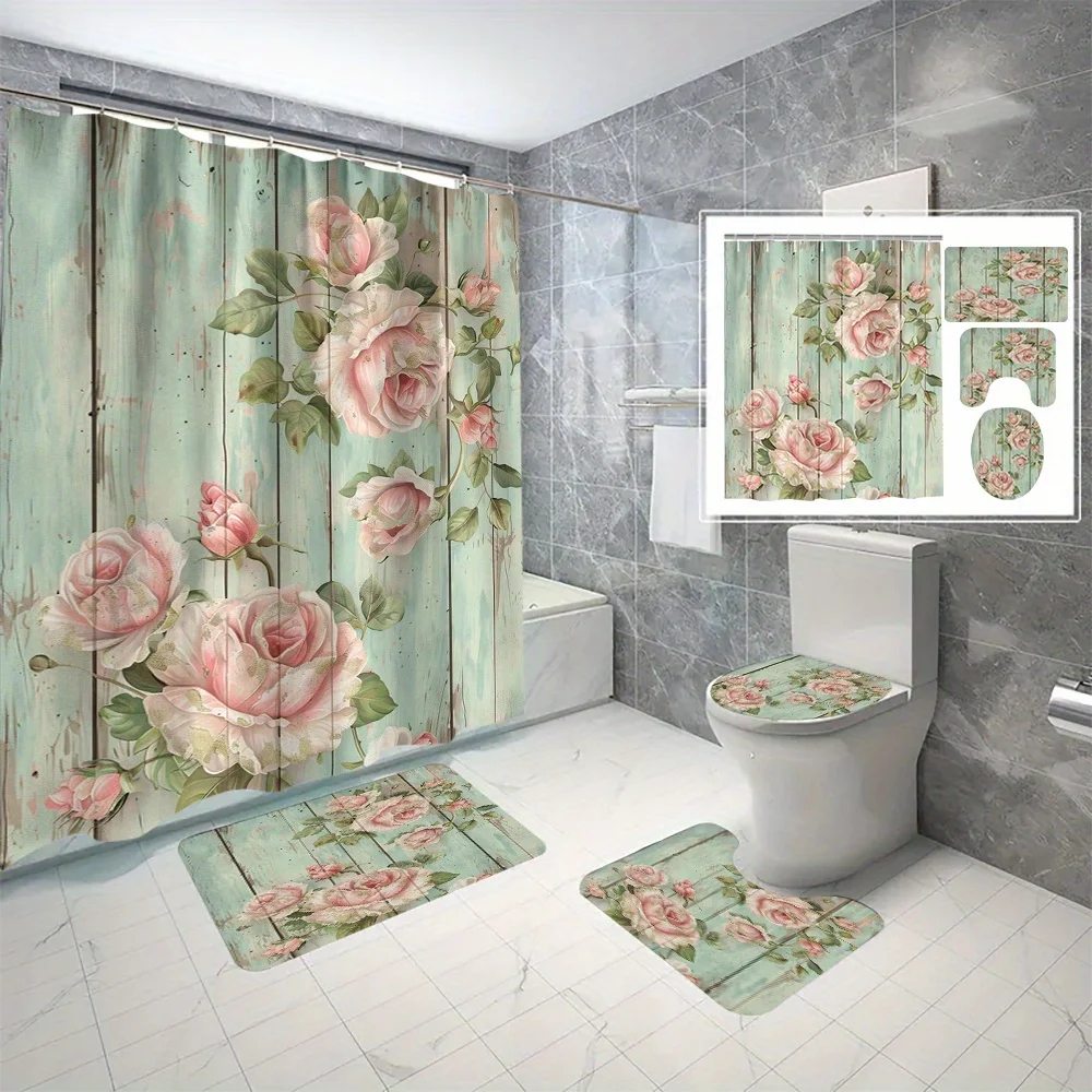 

4-х предметный винтажный набор для ванной комнаты из полиэстера с цветочным рисунком — водонепроницаемый, можно стирать в машине — зеленая деревянная панель с цветочным узором для ванной комнаты