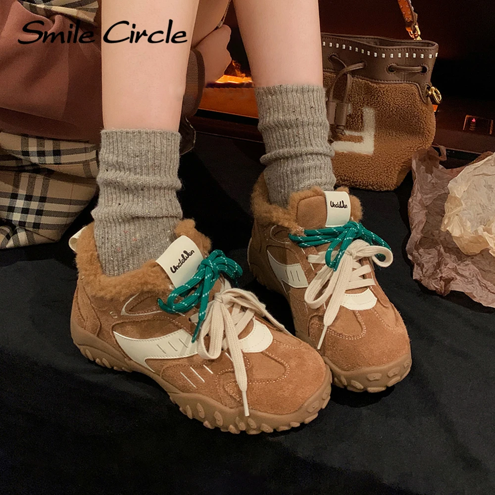 Smile Circle Sneakers Women Suede Leather Colorblocking Plush Warm Sneakers Lace Up Casual Sneakers