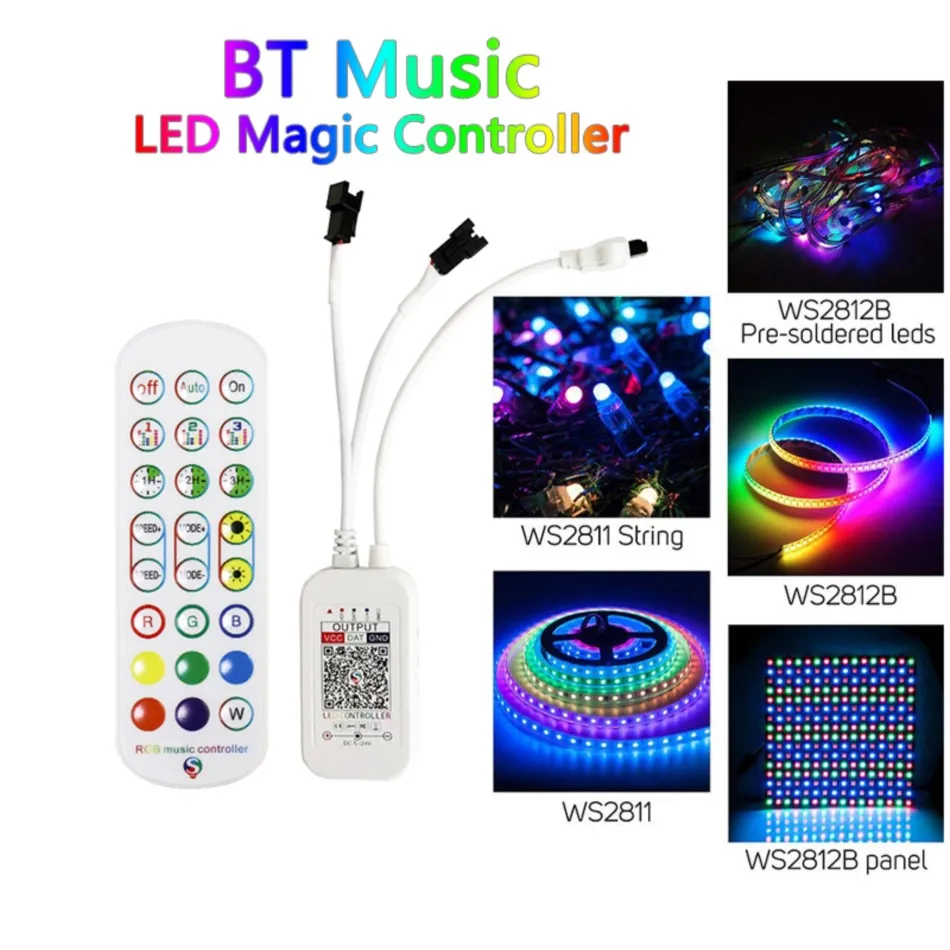 Bluetooth Smart Dual RGB Magic Color Controller DC5-24V 1000 Pixels Dimmer 24-Key Wireless IR Remote for WS2812B 2811 LED Strip