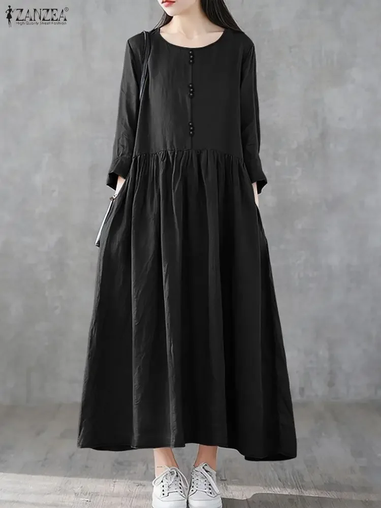 ชุดเดรสแฟชั่น ZANZEA คอลเลคชั่นฤดูใบไม้ร่วง คอทรงโอ แขนยาว สไตล์ลำลอง สำหรับผู้หญิง ปี 2025 วินเทจ สีพื้น ชุดเดรสยาวทรงหลวม สไตล์โรบ แม็กซี่เดรส