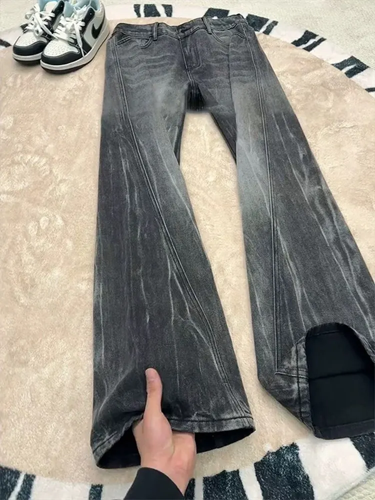 

Slim Fit Lightning Pattern Men's Jeans mid Waist Straight Leg Casual Wear Resistant to Deformation Bla ey American Sle