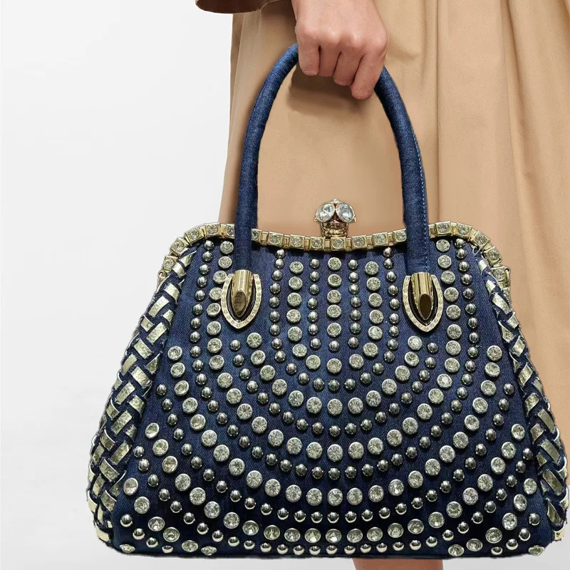 

Fashion Denim Tote Bag for Women Large Capacity Full Rhinestone Jewelry Handbag Elegant Diamond Single-shoulder Bag Blue