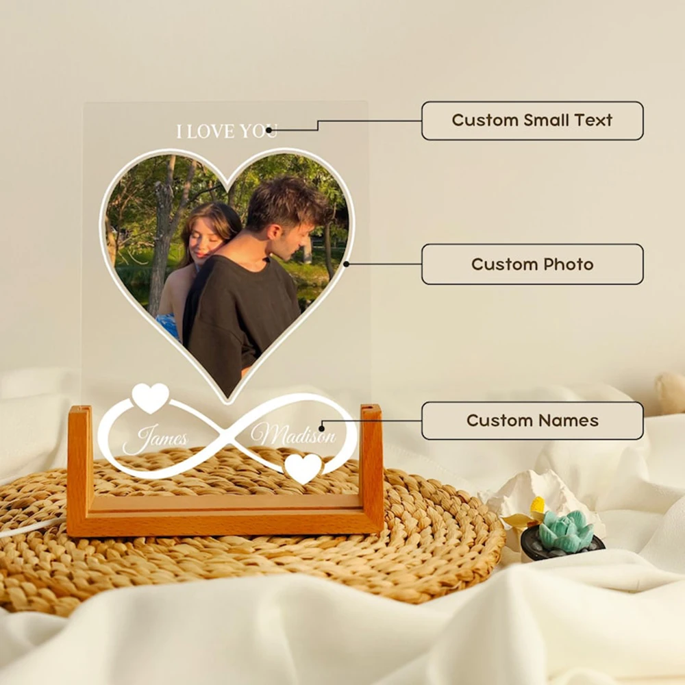 Custom Couple Name Text Photo Night Light Plaque Acrylic LED Light Sentimental Anniversary Birthday Gift For Her Keepsake