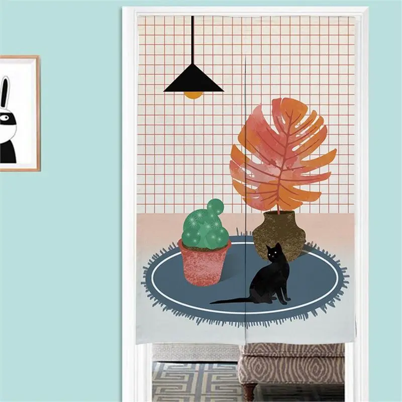 VIKAMA Japanese Door Curtain Stripe Print Cat Potted Plant Clock Half Curtain Room Divider Kitchen Bedroom Bathroom Home