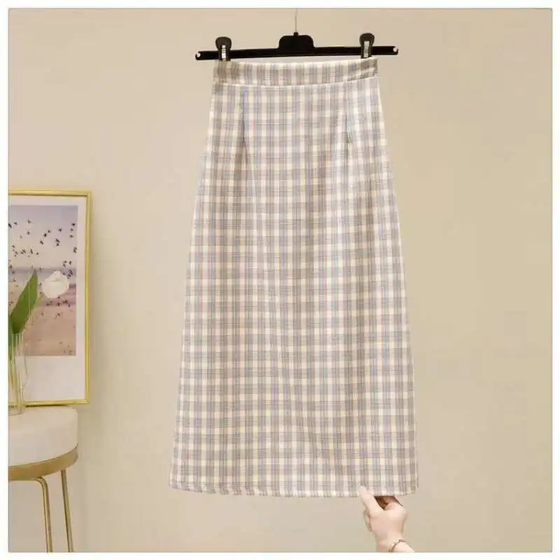 

Spring Summer Plaid Split Skirt High Waist Casual Midi A-Line Skirt for Women New Polyester Fiber 00% Ladies Skirts