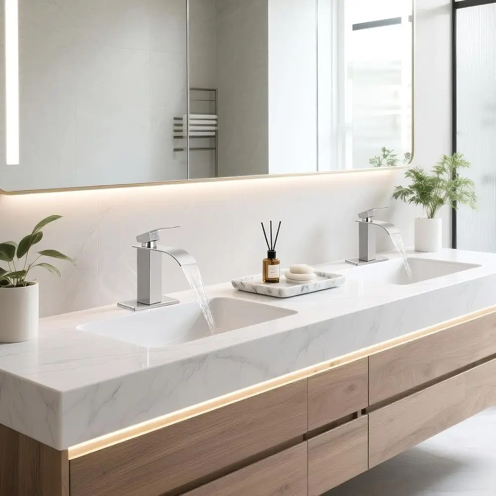 صنابير نيكل مصقولة مزدوجة، خلاط حوض شلال حديث بمقبض واحد، صنبور فانيتي RV مع استنزاف منبثق #2