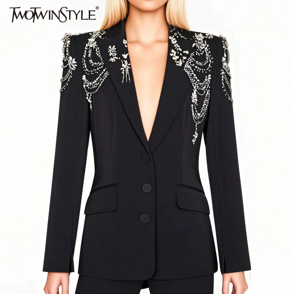 

TWOTWINSTYLE Solid Spliced Single Breasted Blazer for Women Lapel Long Sleeves Patchwork Diamonds Coat Female Fashion Clothing