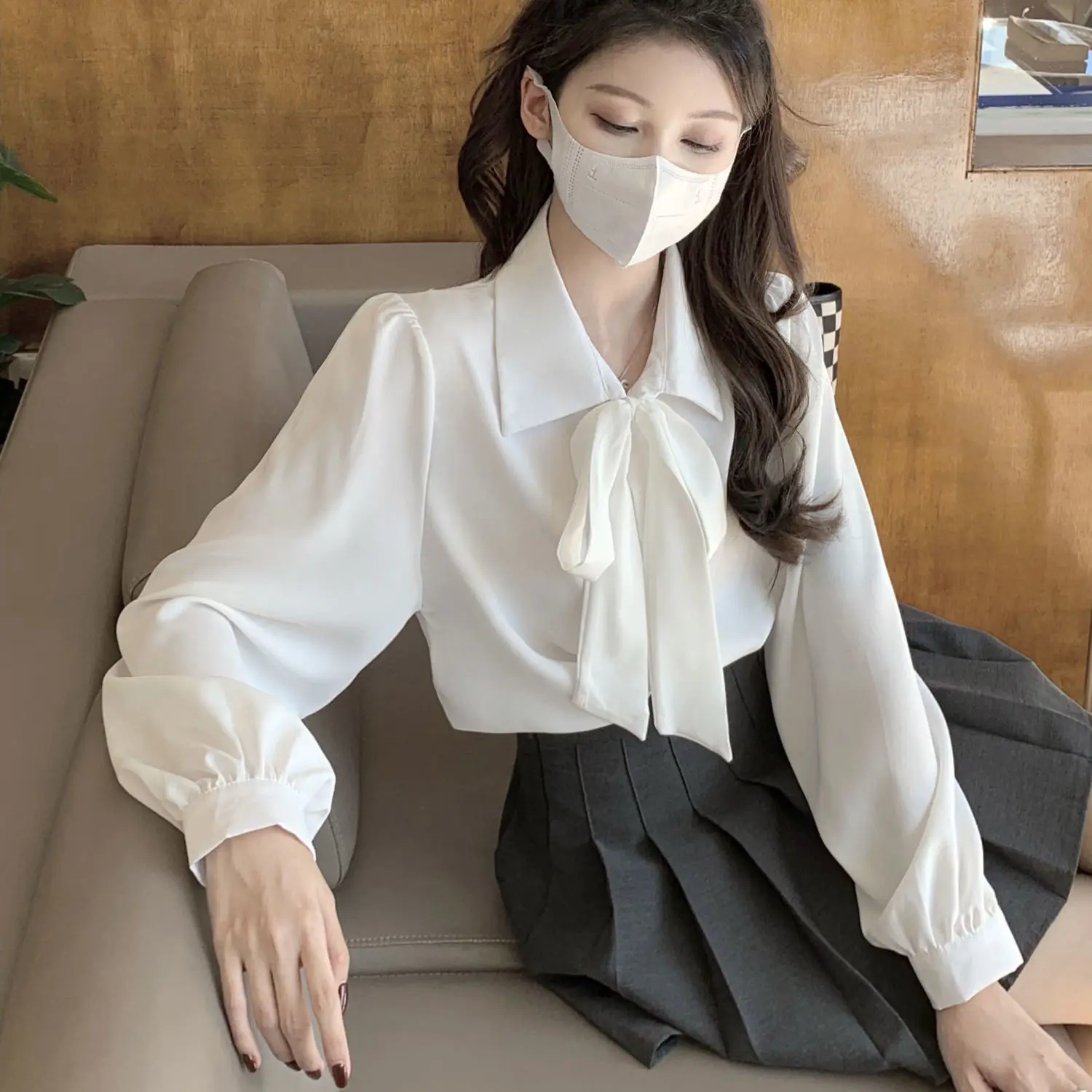 Women Shirts White Official Bow Loose Casual Tops Tender All-match Lantern Sleeve Design Stylish Literary Simple Streetwear 2024