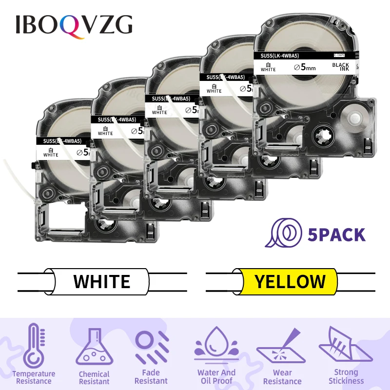 3/5Pcs Φ5mm Heat Shrink Tubes SU5S LK-4WBA5 For Epson White Label Tape Compatible For Epson LW-400 LW-300 LW-500 Label Printer