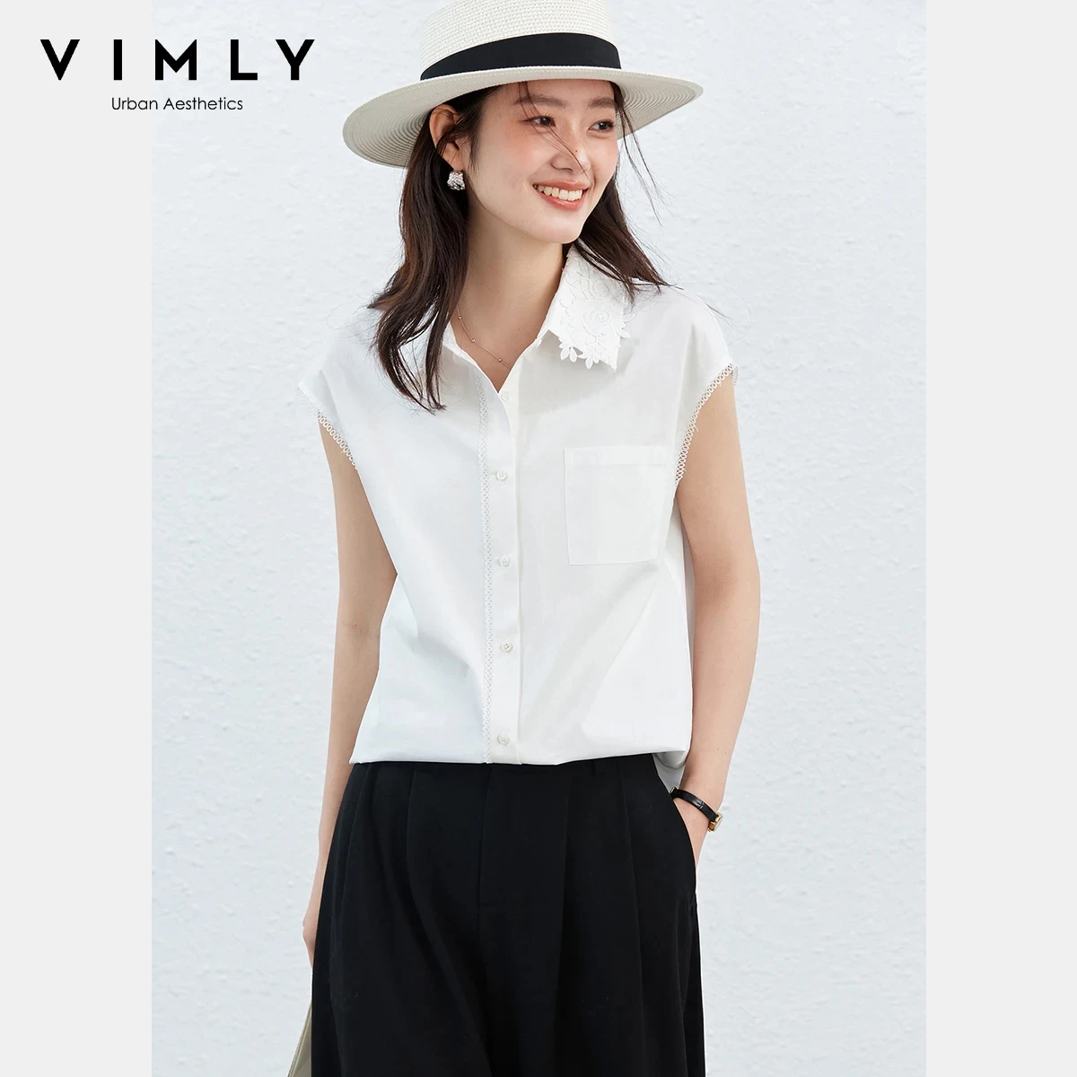 

VIMLY White Elegant Sleeveless Blouse for Women 2026 Summer New 100% Cotton Fashion Lace Trim Lapel Collar Casual Shirt A5380