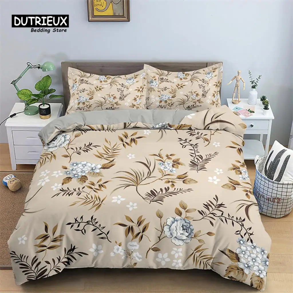 Floral Duvet Cover Flower Leaves King Bedding Set Spring Blossom Garden Comforter Cover Farmhouse Petals Botanical Quilt Cover