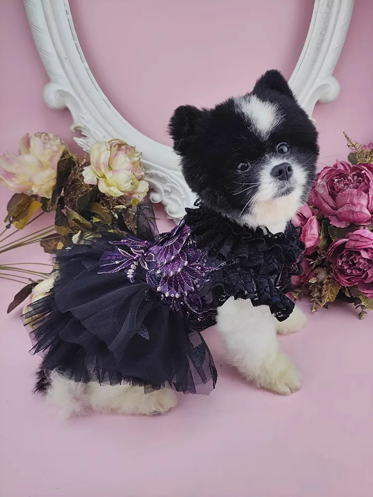 Handmade Dog Clothes Pet Supplies Black Lace Grape Purple Accessories Tulle Puffy Skirt Evening Party Festival Apparel Fur Baby