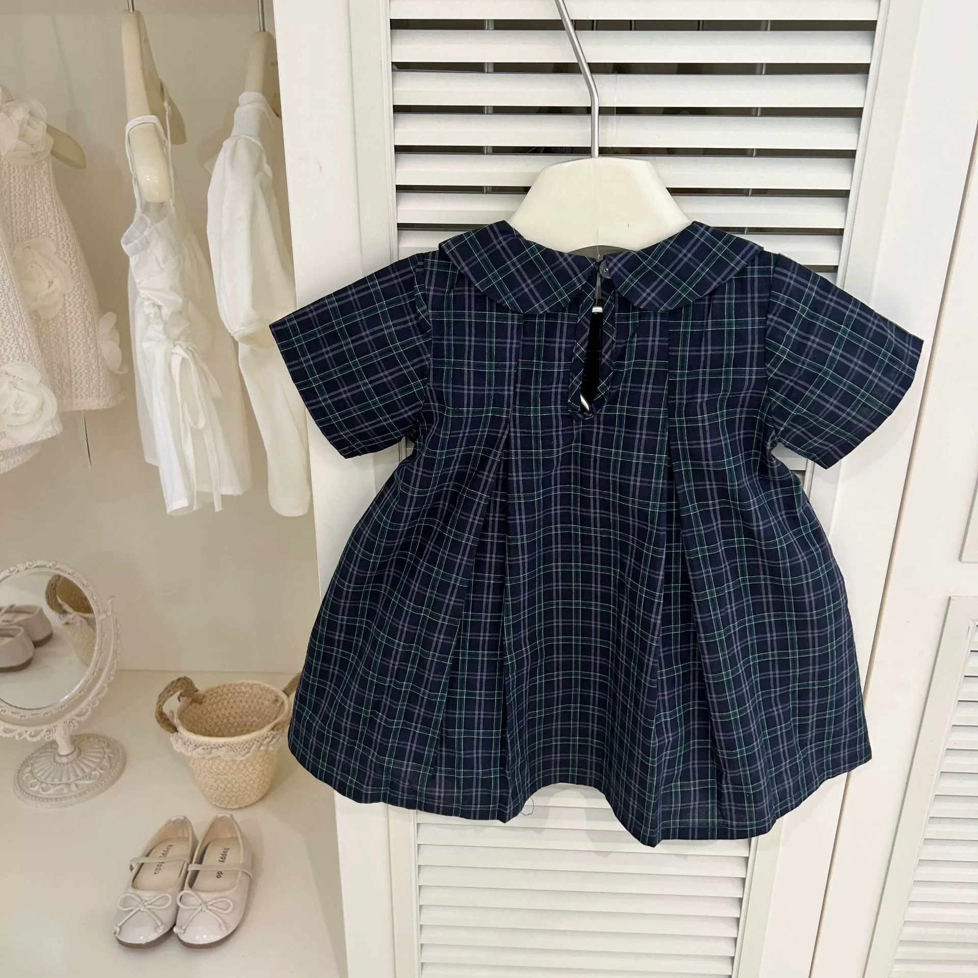 Summer Girls' Plaid Dress Korean Style Doll Collar Dress Baby Fashionable Princess Plaid Dress Short-Sleeved Summer Dress