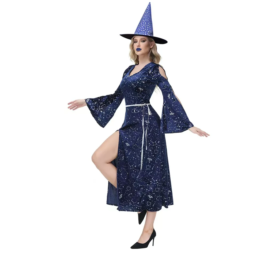 Lua azul estrelas imprimir gótico mulher halloween augur trajes feminino bruxa feiticeira cosplay carnaval purim role play vestido de festa