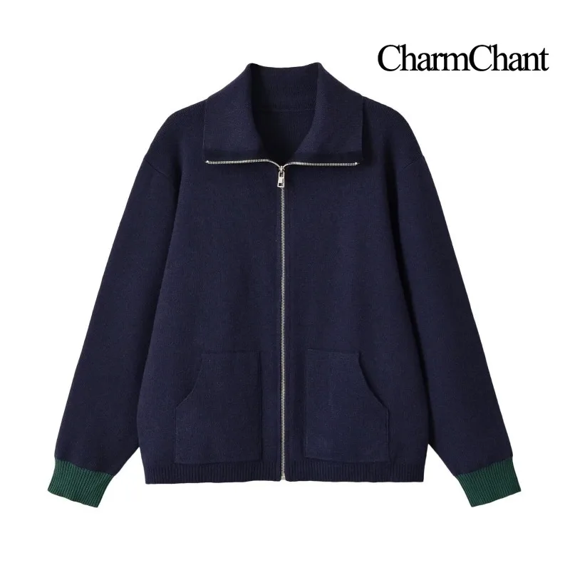 CHARMCHANT Women's Knit Jacket Contrast Lapel Collar Long Sleeve Oversized Casual Loose Patch Pockets Cardigan Navy 2026