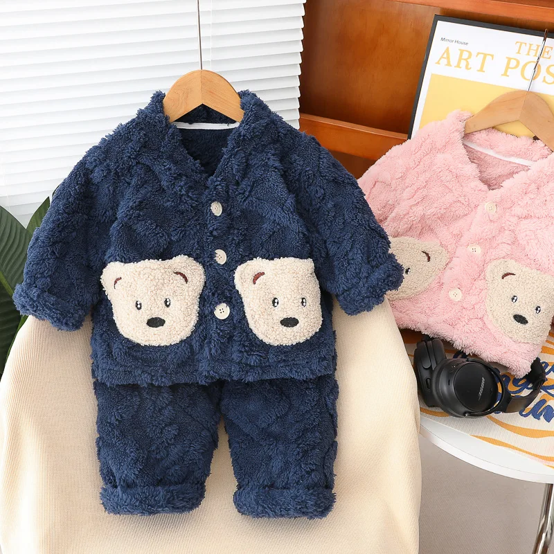 

Autumn Winter Children Clothing Sets Baby Boys Girls Plush Coats Pants Toddler Kids Tracksuit Cartoon Infant Clothes Outfits