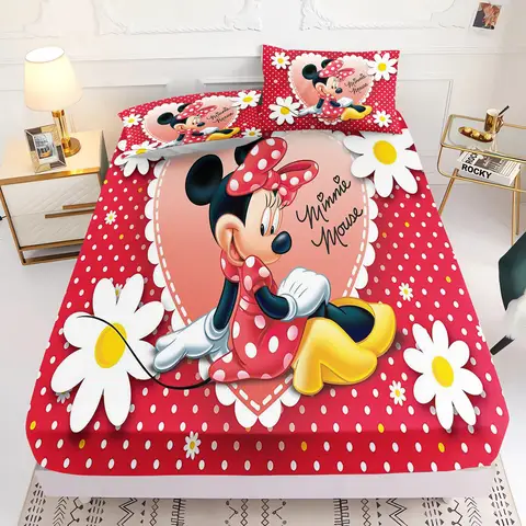 Mickey Fitted Sheet Comforte 100% Polyester 2/3pcs Bedding Set Cute Printed Cartoon   Suitable For Children And Adults