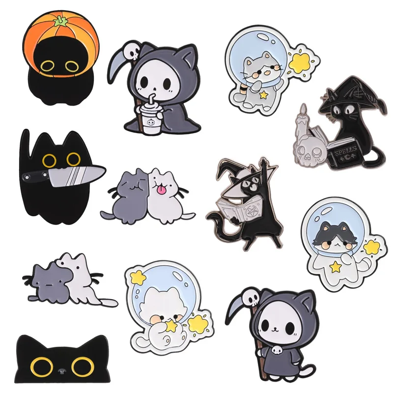 Fun cartoon little black cat baked paint brooch, Halloween pumpkin element animal metal pin jacket backpack badge