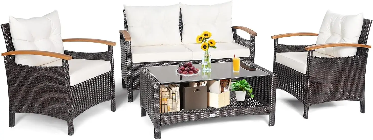 

4 Piece Patio Rattan Conversation Set, Outdoor Wicker Sofa Set W/2-Layer Coffee Table, Backrest & Seat Cushions