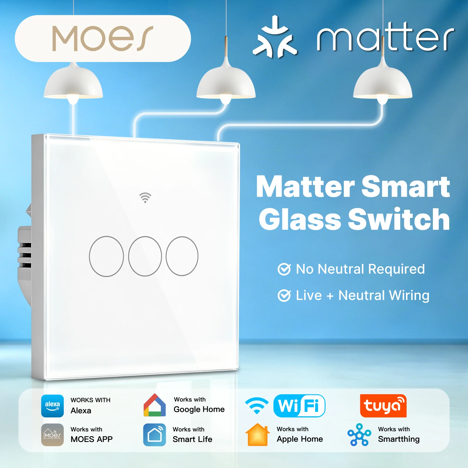 

Умный сенсорный выключатель MOES Tuya Matter WiFi для светильников, стеклянный, с опциональным нейтральным проводом, совместим с Alexa, Google Home, Apple SmartThings